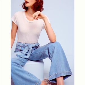 Women’s high waisted wide-leg jeans.